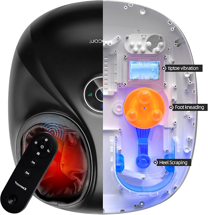 Foot Massager Shiatsu Kneading/Scraping/Vibration/Heat/Remote | 2 Memory Slots,3 Modes, 3 Heats, 3 Intensitys, 15min Timer, Fits US Size 5-11.5