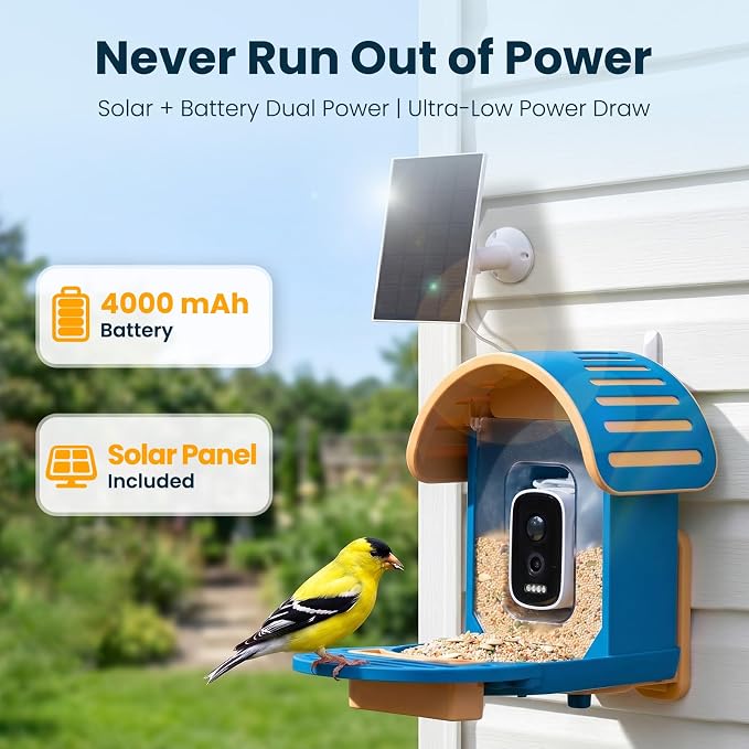 Smart Bird Feeder with Camera, 2.5K UHD Solar Powered WiFi Bird Watching Camera, AI Bird Species Identification, Instant Alerts, IP66 Waterproof Outdoor Wild Bird Feeder, Gift for Dad, Blue