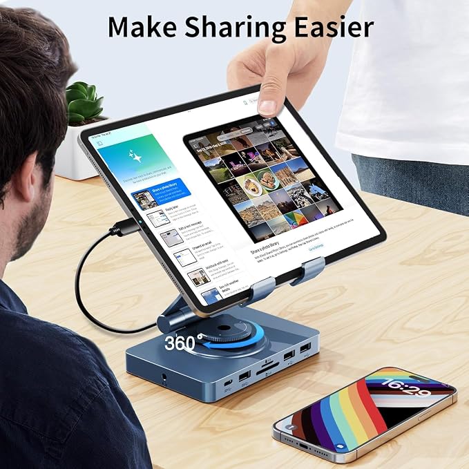 360° Rotating USB C Docking Station for iPad Pro, Tablet, Samsung, Steam Deck, ROG Ally, Legion Go, Msi Claw, etc, 11-in-1 with SD TF 4.0 Reader, 4K@60Hz HDMI, RJ45, Audio, USB A, USB C