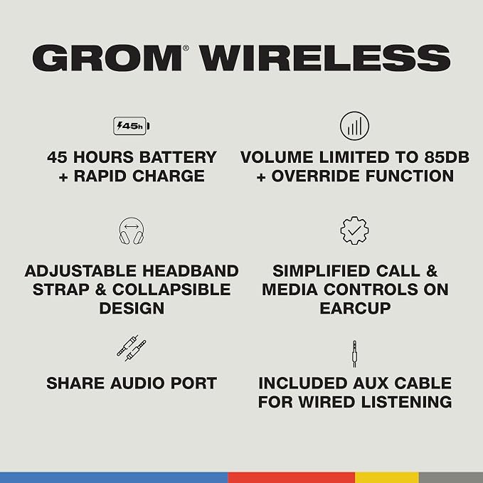 Skullcandy Grom Wireless Headphones, Volume-Limiting Audio, Comfortable Over-Ear Fit, Designed for Kids 6+, Up to 45 Hours Battery, Backup 3.5mm AUX Cable Included with Built-in Microphone - Black