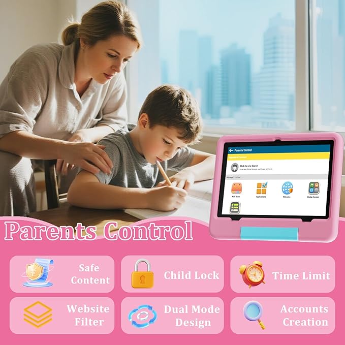 PEICHENG Tablet for Kids with EVA Protective Case, Android 15.0 Toddler Tab PC 10.1Inch RAM 20GB(4+16Expand) + ROM 128GB IPS 800 * 1280 5.0Bluetooth (Pink)
