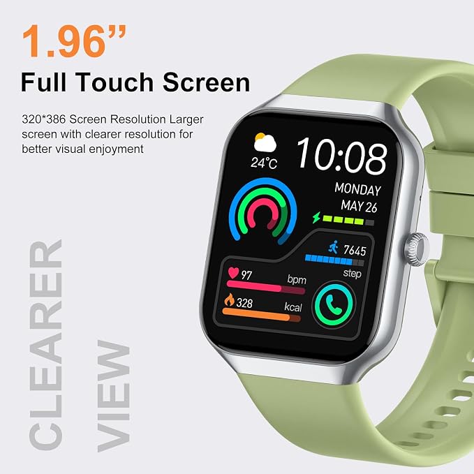Smart Watch for Men Women (Answer/Make Call), 1.96" HD Smartwatch with Heart Rate/Sleep Monitor/Pedometer/Calories, 113+ Sports Fitness Watch, IP68 Waterproof Activity Tracker for Android iOS-Green