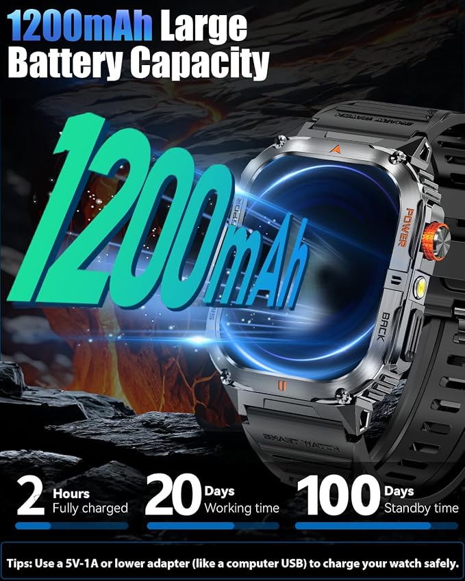 Military Smarty Watch for Men, 2.01" Smartwatch with 1200mAh Battery, Flashlight, Answer/Make Calls, Heart Rate/Sleep Monitor 100+ Sport Modes Fitness Tracker for Android/iPhone (002)