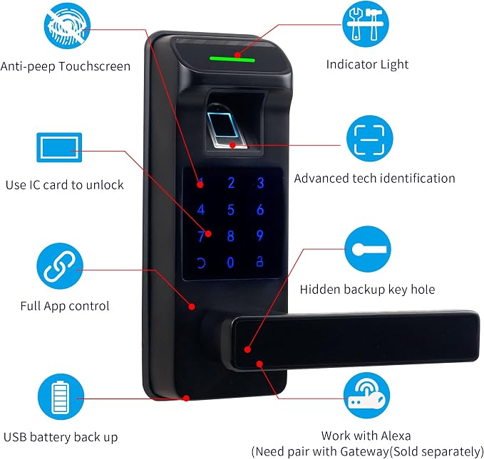 Fingerprint Door Lock, Heavy Duty Full APP Control Touchscreen Keypad Keyless Lock with Reversible Handle, Perfect for Home/Office/Bedroom Doors (Black)
