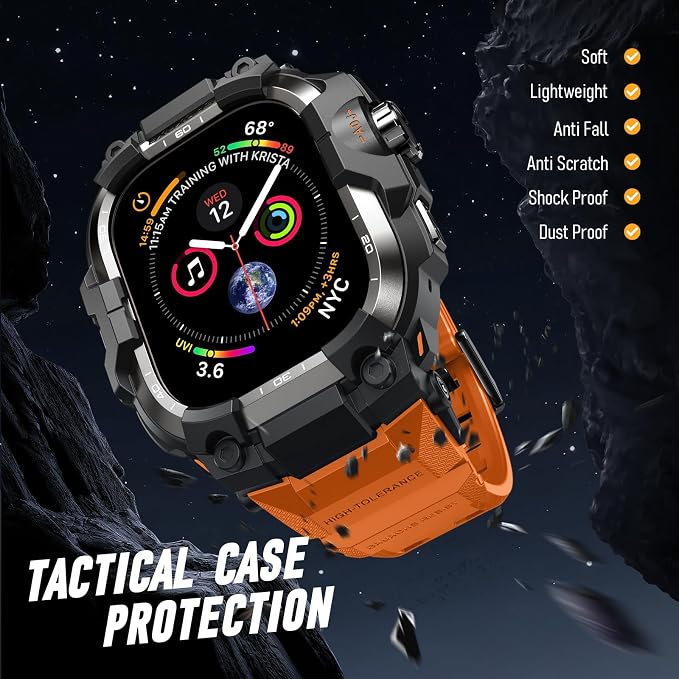 BXUXOHS Rugged Case and Band for Apple Watch 45mm Men, Compatible with Apple Watch Series 9/8/7, Military Grade Shockproof Bumper Cover, Tactical Band Case for iWatch 9/8/7 Man, Orange