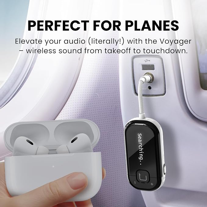 Avantree Voyager – OLED Display & Latest Auracast Bluetooth 5.4 Adapter for Airplane, Qualcomm Chip & aptX Adaptive, Wireless Audio Transmitter for Headphones, AirPods, Travel & Flight