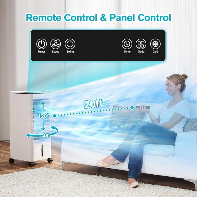 Windowless Portable Air Conditoners, 3-IN-1 Portable AC with Remote, 3 Modes 3 Speeds, 1.16Gal Tank & 12H Timer, 45° Oscillation, Fast Cooling Quiet Ventless Swamp Cooler for Room Home Office, Pearl