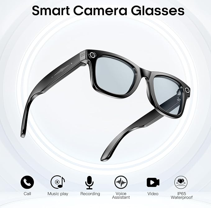 AI Smart Camera Glasses for Men Women, 4K Photography,1080P HD Video Recording,Real-Time Translation, Open-Ear Audio,Voice Assistant, Lightweight (Black Frame-Blue Light Blocking Lens)