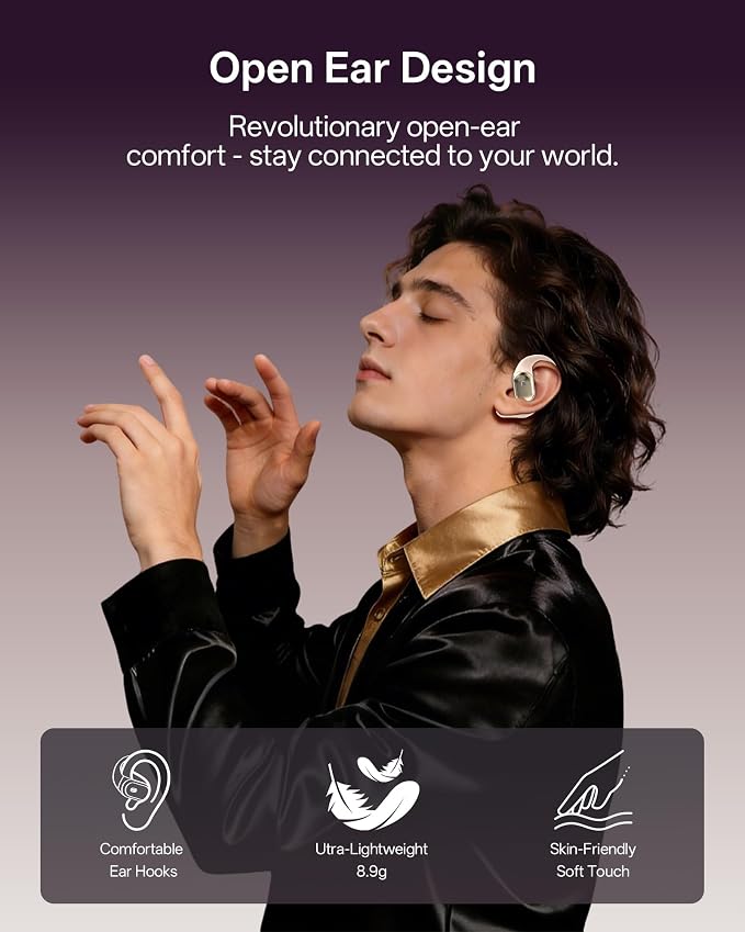 Open Ear Headphones, Over Ear Earbuds with Ear Hooks, True Wireless Bluetooth 6.0 Earphones with Mics, Stereo Sound, Ultra-Comfort, 60H Playtime, IPX7 Waterproof Ear Buds for Running Workout