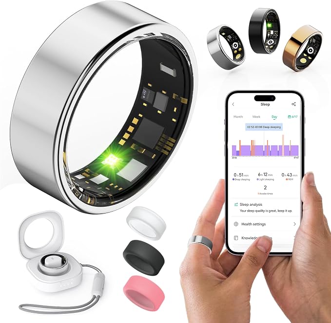 Health Rings for Women Men, Fitness Tracker with Heart Rate,Blood Oxygen, Blood Pressure, Sleep/Step Tracker, IP68 Waterproof Smart Ring for iPhone & Android (Silver, 12#)