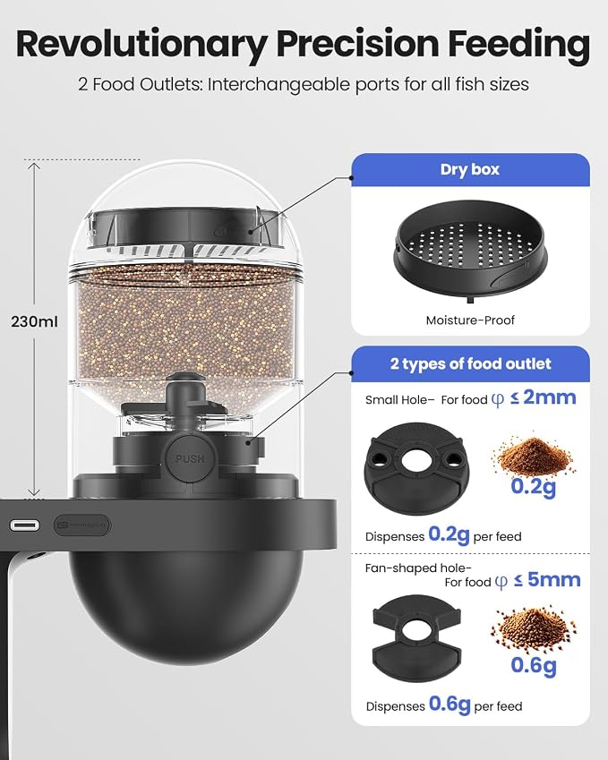 WiFi Automatic Fish Feeder with 2.5K Camera, 2.4/5G Smart App Control & Vacation Timer, Precision Fish Food Dispenser, 230ML Moisture-Proof Visual Aquarium Feeder for 10+ Gallon Tanks