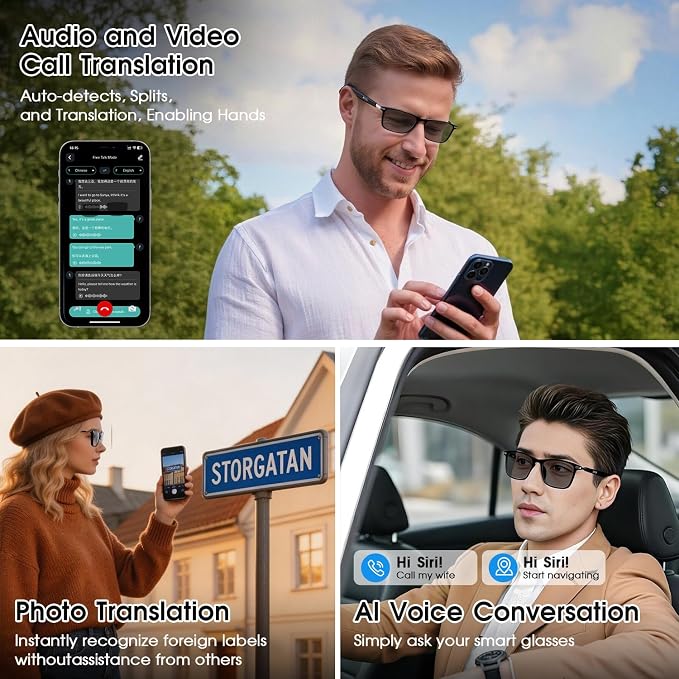 2026 Al Smart Glasses for Men Women - Bluetooth Translation Glasses with 164 Languages, Color-Change Lens, Music & Call, IP65 Waterproof, Free App,Audio Glasses for Meeting Driving Travel,Thin Temples