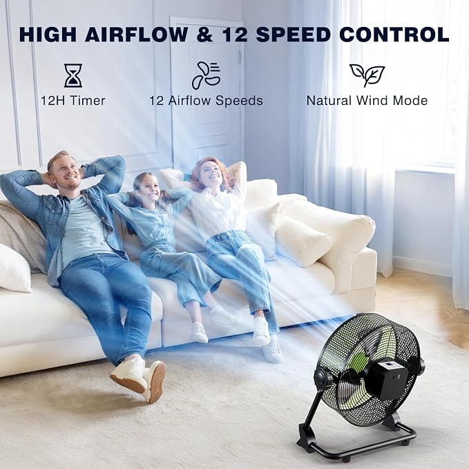 10 Inch Portable Cordless Rechargeable Floor Fan, Whisper Quiet Battery Operated Full Metal Fan, 24H Runtime, 12 Speeds, 12H Timer, USB Charging, for Camping, Outdoor Patio, Home, Garage, Bedroom