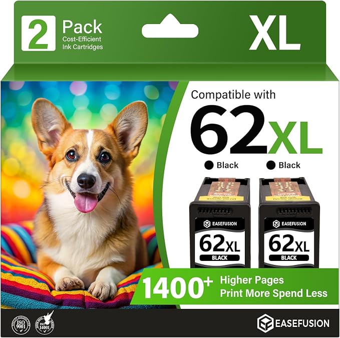 EaseFusion 62XL Ink Cartridges Black Remanufactured Replacement for HP Ink 62 62XL HP62XL HP62 Black Compatible with Envy 7640 5660 5540 7645 5740 5746 OfficeJet 250 200 Mobile Printer (2 Black)
