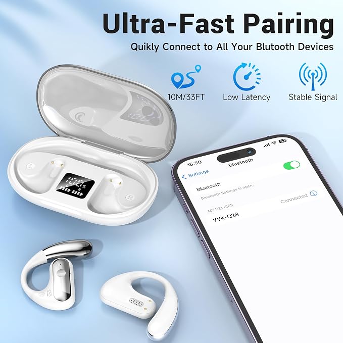 Open Ear Headphones, Bluetooth 5.4 Wireless Earbuds with Ear Hooks, 60H Playtime, AI Clear Call, LED Display Charging Case, IPX7 Waterproof Sports Earphones for Running Workouts Commute, White
