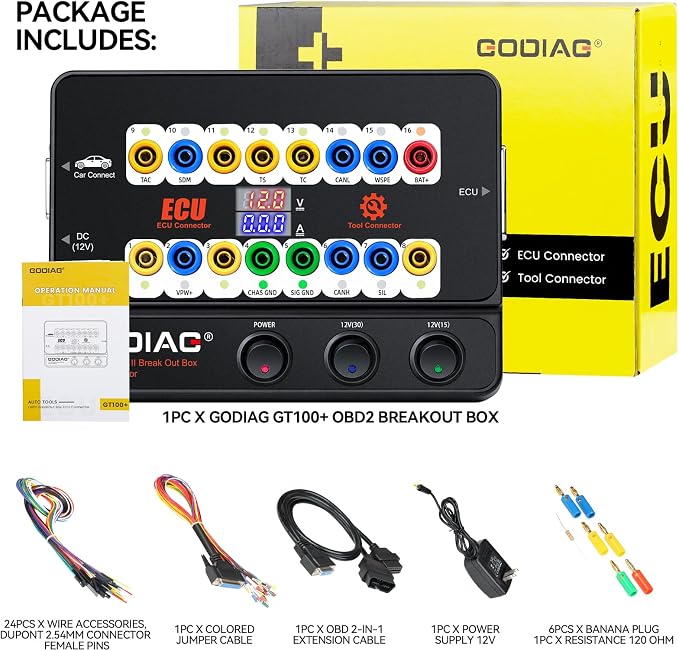GODIAG GT100+ OBD2 Breakout Box, 16-Pin Automotive ECU Connector Scan Tool for Bench Testing and CAN Bus/K-LINE Signal Testing