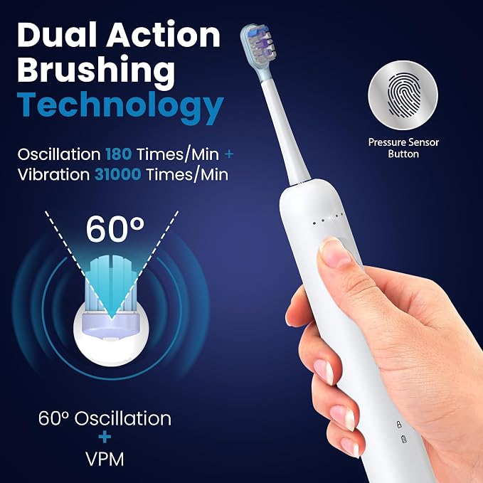Sonic Electric Toothbrush for Adults – Oscillation & Vibration Rechargeable Power Toothbrush with 5 Modes, 6 Brush Heads & Travel Case - 30+ Days Battery Life IPX7 Waterproof- 2Min Smart Timer