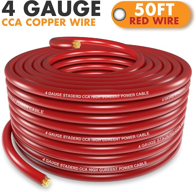 Jeemiter 4 Gauge Red CCA Copper Clad Aluminum Wire (50FT) - Primary Automotive Wire,Car Amplifier Power/Ground Cable,Battery Cable with Lugs & Heat Shrink Tube for Car Audio Speaker,Solar,RV,Auto