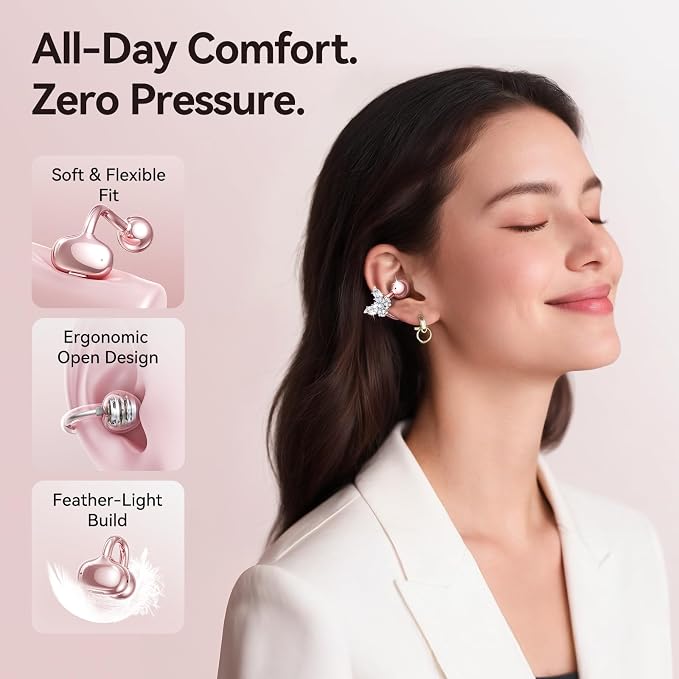 Kinglucky Gen2 Clip-On Open Ear Earbuds with Sparkle Butterfly Earrings, Earrings-On Storage Case, Bluetooth 5.4 Wireless Headphones for Women, 40H Playtime, Comfortable Fit for Small Ears, Rose Gold