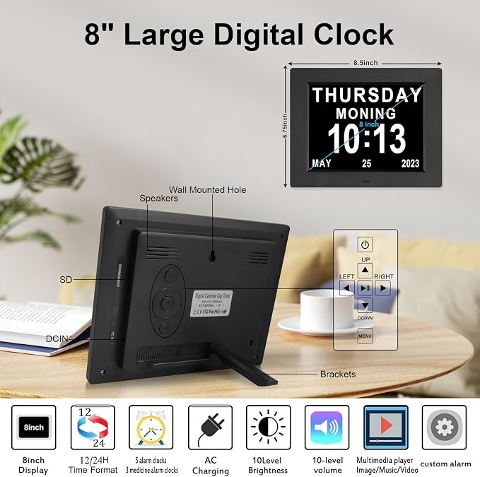 Johnziny 8 Inch Digital Calendar Day Clocks for Seniors-8 Alarms, Auto-Dim, Digital Clock Large Display Date and Day,Dementia Clocks for Seniors,Electronic Calendar with Large Number Black