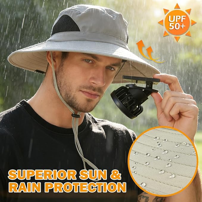 Wide Brim Sun Bucket Hat with 2 Solar Powered Fan for Men & Women | Waterproof & UPF 50+ Sun Protection Hat with Dual-Power Clip-On Cooling Fans for Outdoor Hiking Fishing Gardening