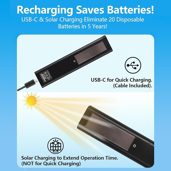 Rechargeable TV Remote for Samsung Smart TVs, Replacement for All 2019-2026 Samsung TV Remote Control with Voice Control. USB-C Fast Charging. Solar Charging. 2-Year Warranty.