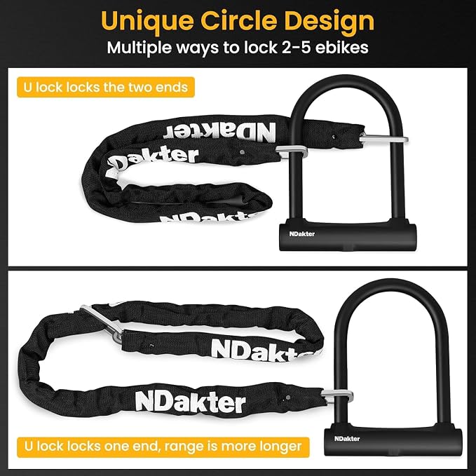 NDakter Bike Locks, 17mm Heavy Duty Anti Theft, Bike U Lock with 4FT Chain and Bracket, Electric Bicycle Lock for Scooter, 3 Keys Motorcycle Wheel Lock for Ebike, Moped, Tricycle