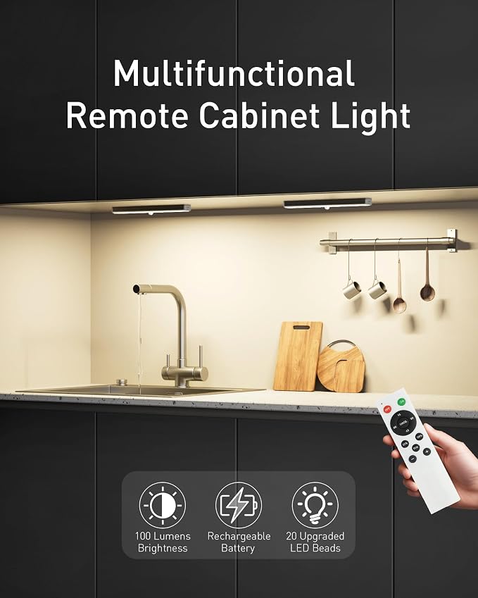SZOKLED Under Cabinet Lights, 20LED Under Cabinet Lighting Rechargeable, Remote LED Closet Lights Bar, Under Counter Lights for Kitchen Shelf Pantry Shelf Hallway Stairs, 3 Colors 6 Pack
