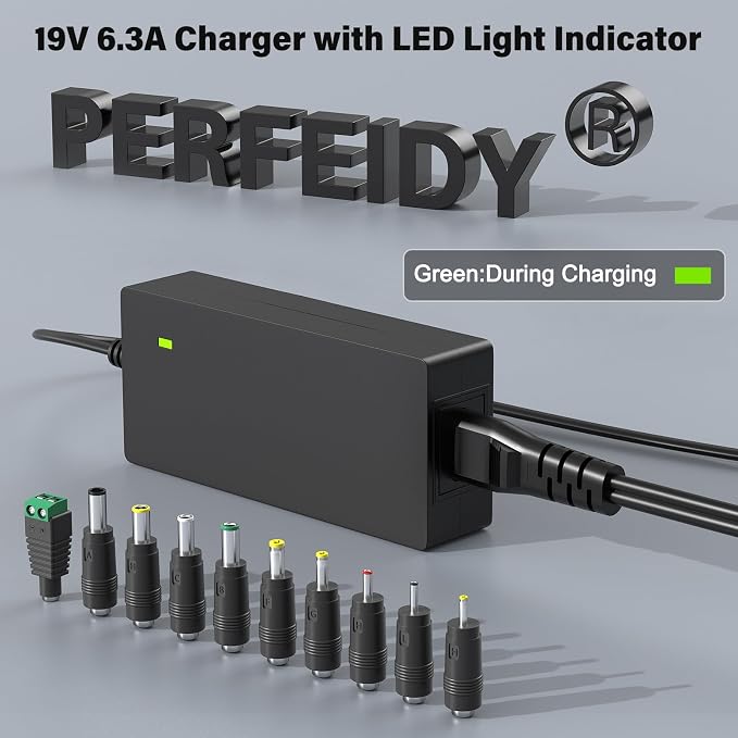 19V 6.3A 5A 4A 3A 120W Charger with 10 DC Jacks Power Cord,PERFEIDY DC in Adapter 19Volt 5.5A 4.5A 3.5A 2.5A 1.5A 1A 0.5A 6300mA 6000mA 5000mA 4000mA 1000mA Power Supply