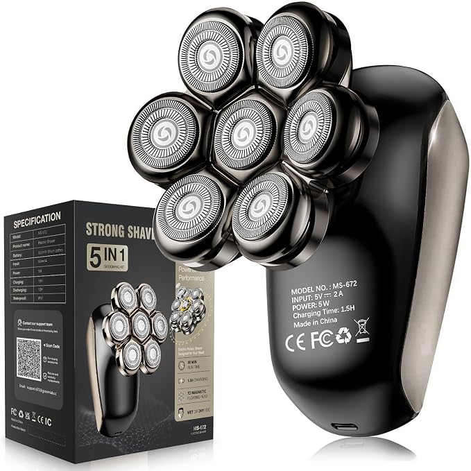 Head Shavers for Bald Men: 5-in-1 Electric Razor with 7D Floating Blades - IPX7 Waterproof Grooming Kit, Detachable Magnetic Head, 90-Min Wet Dry Gifts for Father's Day