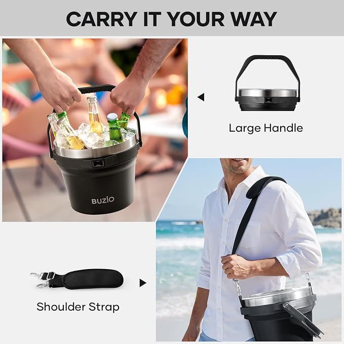BUZIO 7.4 Qt/7 L Insulated Ice Bucket with Lid, Scoop, Tongs & Metal Cups, Double Wall Vacuum Stainless Steel Beer Bucket, Holds 6 Longnecks/3 Wine Bottles, for Parties Bar, Black