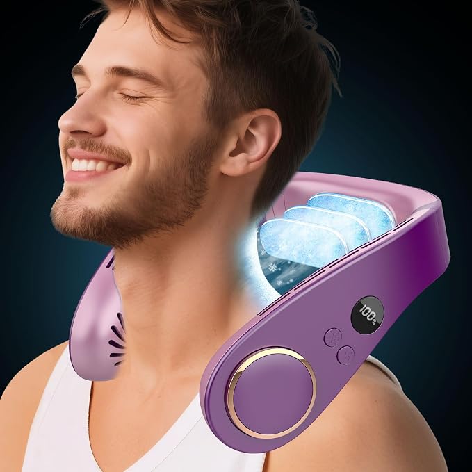 Neck Air Conditioner Portable Rechargeable,5500mah Cooling Neck Fans that Blow Cold Air,Best Cute Cold Piece of Metal Neck Cooler Ac,Noiseless Headphones Personal Cool Unit for Woman Man Kid Purple