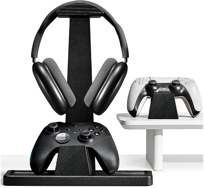 UPERGO Headset Stand with 2 Controller Holders - Solid Wood & Metal Gaming Headphone Holder for Switch, Controllers, and Desk Accessories (Black)