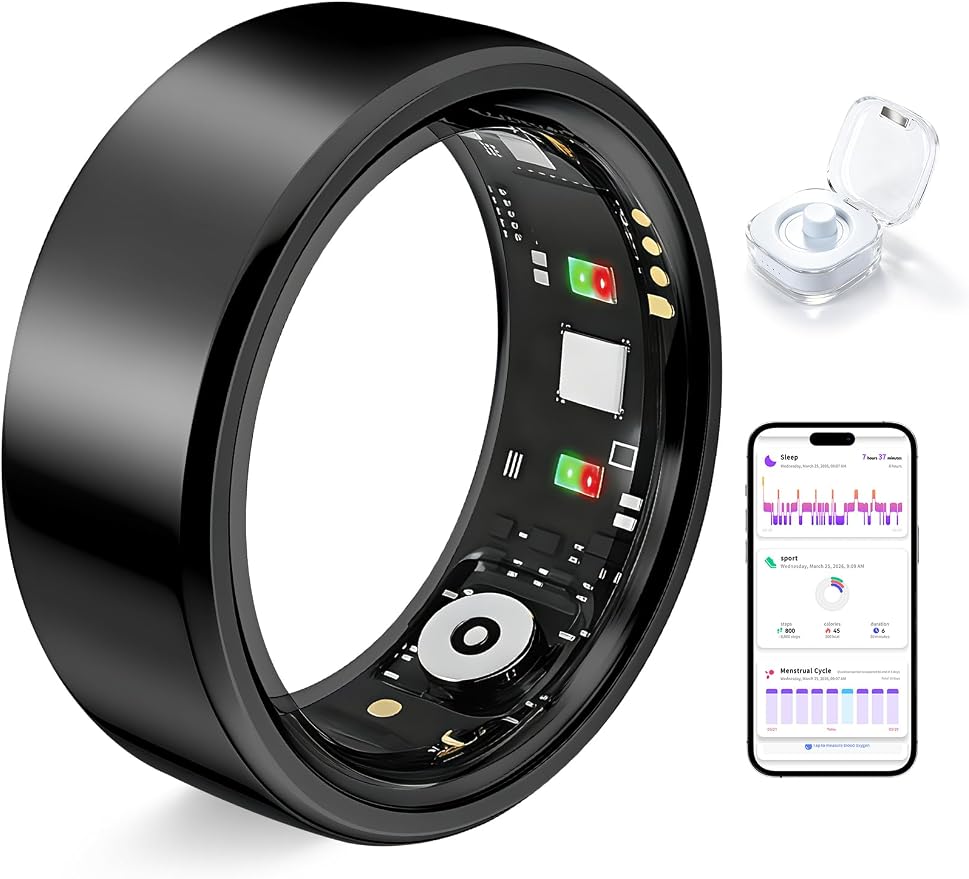 Smart Ring for Women Men Fitness Tracker Heart Rate Sleep Trends 128 Sports Modes Gesture Control Cycle Tracking IP68 Waterproof No Subscription Compatible with iPhone Android (Black, Size 11)