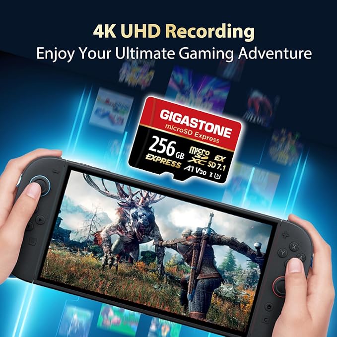 【Designed for Switch 2】 GIGASTONE 256GB microSD Express, MicroSDXC Express Memory Card SD 7.1 Speed up to R/W 880/650MB/s Compatible with Switch 2, Professional Camera, A1 V30 U3, with SD Adapter