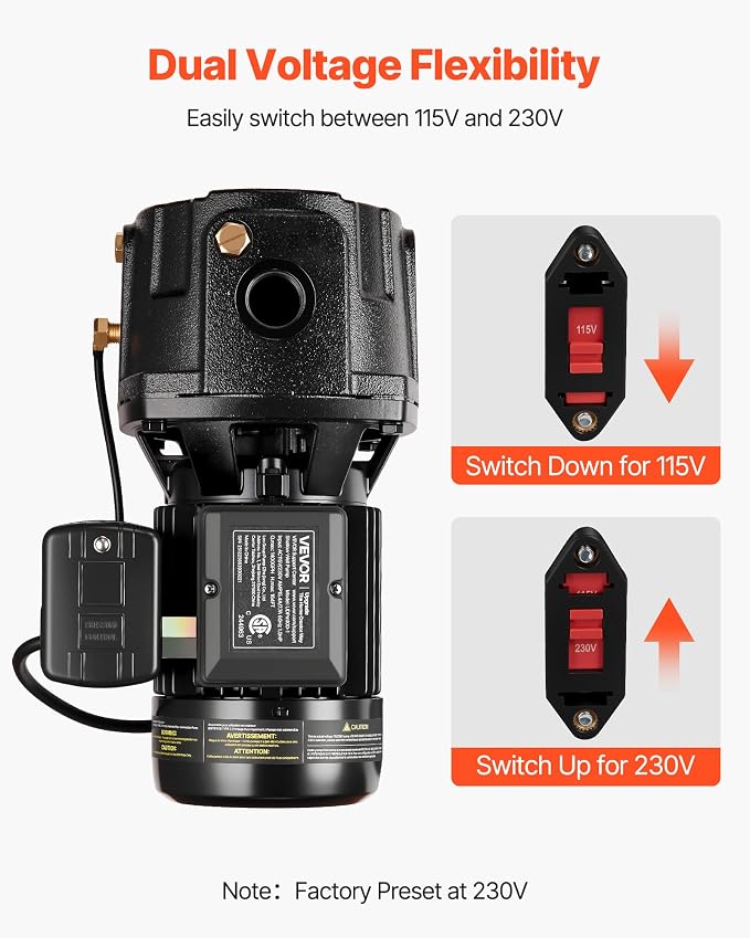 VEVOR 1 HP Shallow Well Jet Pump, AC 115/230 Volt, 1400 GPH Dual Voltage Cast Iron Well Jet Pump, with 164 ft Max Head Lift, Automatic Pressure Switch, for Garden Irrigation Lawn Sprinkler System