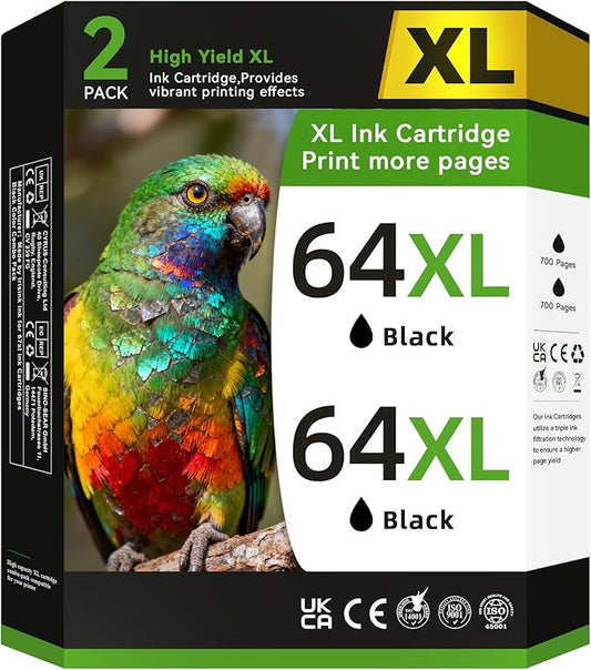 64 Black Ink Cartridges Compatible for HP Ink 64 64XL Black Ink Cartridge for HP Printers Fit for Envy Photo 7855 7858 7155 7800 6255 Inspire 7900e 7955e 7255e 7950e 7958e 7200e Tango Printer (2 Pack)
