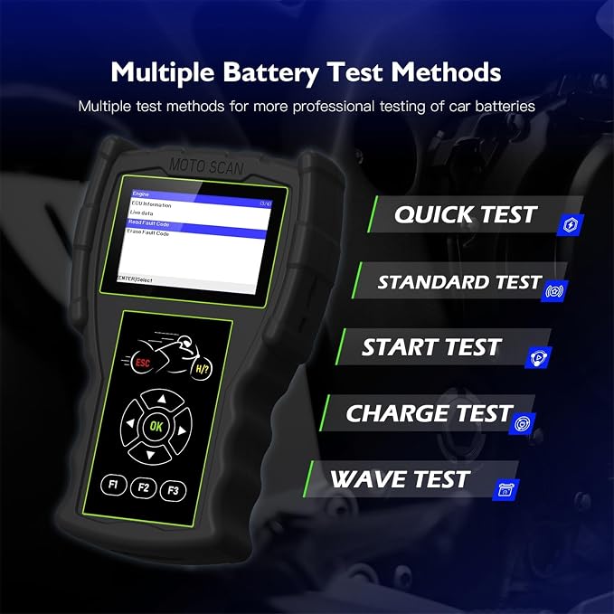 Motorcycle System Engine Diagnostic Test Tool M100 Pro Moto Scanner Code Readers Scan Tools Dual System Detection Moto Scanner+Battery Tester Multilingual with 16 Model Cables Standard Version