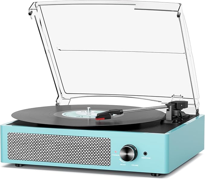 Vinyl Record Player with 2 Stereo Speakers Belt-Driven Vintage Turntables 3 Speed 3 Size Wireless Bluetooth Playback AUX-in RCA Out Headphone LP Vinyl Players Auto Stop Sky Blue