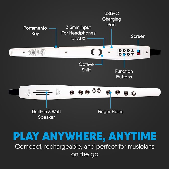 Carry-on Digital Wind Instrument 2 Plus - Lightweight & Rechargeable with 20 Instrument Voices - Built-In Speaker and MIDI Bluetooth Connectivity for Performances and Practice Anywhere - White