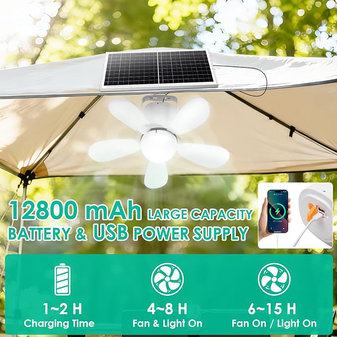 Solar Ceiling Fan Light, 25W Solar Powered Portable Gazebo Fan with Remote, Wireless Battery Operated Ceiling Fan Light Outdoor, Tent fan for Camping RVs Patio Canopy Chicken Coop Outside