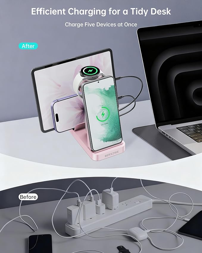 Wireless Charger for Samsung: 5 in 1 Samsung Wireless Charging Station for Galaxy S26Ultra/S25/S24, Charger Dock Stand for Galaxy Watch8/7/6/5, Android Charging Station for All USB-C Buds, Pink