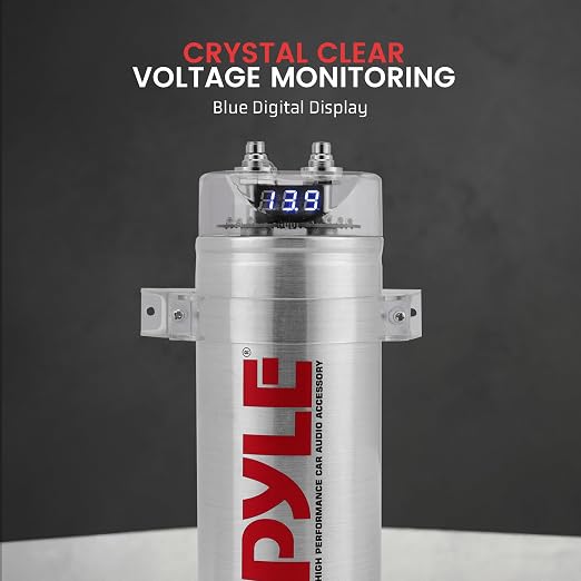 Pyle 3.2 Farad Digital Power Capacitor for Car Audio Systems - Blue LED Voltage Display, Over Voltage Protection, 12-24V DC, Amplifier Power Stabilizer with Mounting Hardware