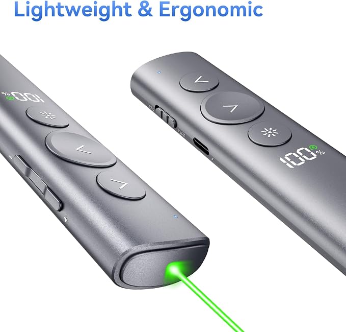 Rechargeable Presentation Clicker with Green Laser Pointer for PowerPoint, Power Display Wireless Presenter Remote with USB-A & USB-C Dongle, Slide Advancer for Mac, Windows, Laptop, Classroom, Office