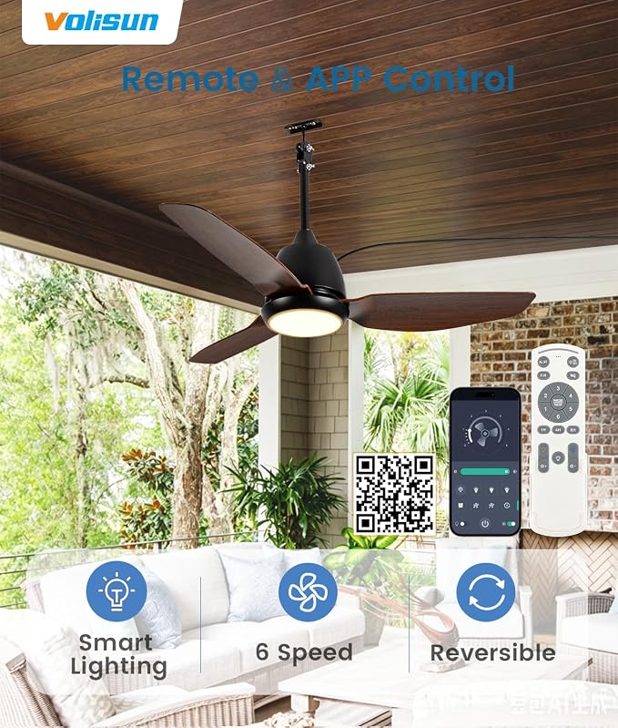 VOLISUN Outdoor Ceiling Fans with Light for Patios, 42in Weatherproof Plug in Ceiling Fan, 3CCT Dimmable Gazebo Ceiling Fan Remote&APP Control, Brown Caged Ceiling Fan for Porch, Pergola,Canopy