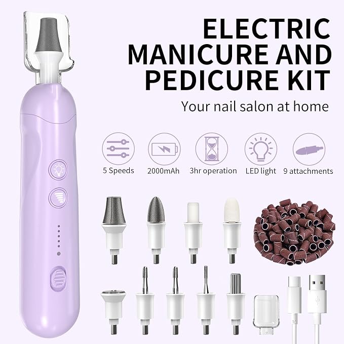 Cordless Electric Nail File Set, Rechargeable Pedicure Tools for feet, Professional Manicure Pedicure Kit 5 Speeds Hand Foot Care Nail Drill for Thick Nail Toenail Cuticle Women Men Pets, Oil-Purple