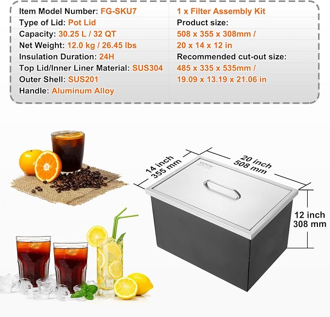 VEVOR Drop in Ice Chest, 20" L x 14" W x 12" H Stainless Steel Ice Cooler, Commercial Ice Bin with Cover, 40 qt Outdoor Kitchen Ice Bar, Drain-Pipe and Drain Plug Included, for Cold Wine Beer