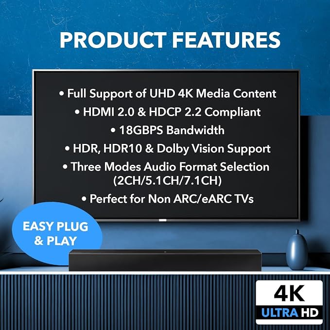 OREI eARC 4K 60Hz Dolby Atmos Audio Extractor Switch with 3 Inputs - Connect ARC/eARC Soundbar. HDMI 2.0 and HDCP 2.2 Compliant - CEC Pass Through - HDR, Dolby Vision Supported (HDA-934)