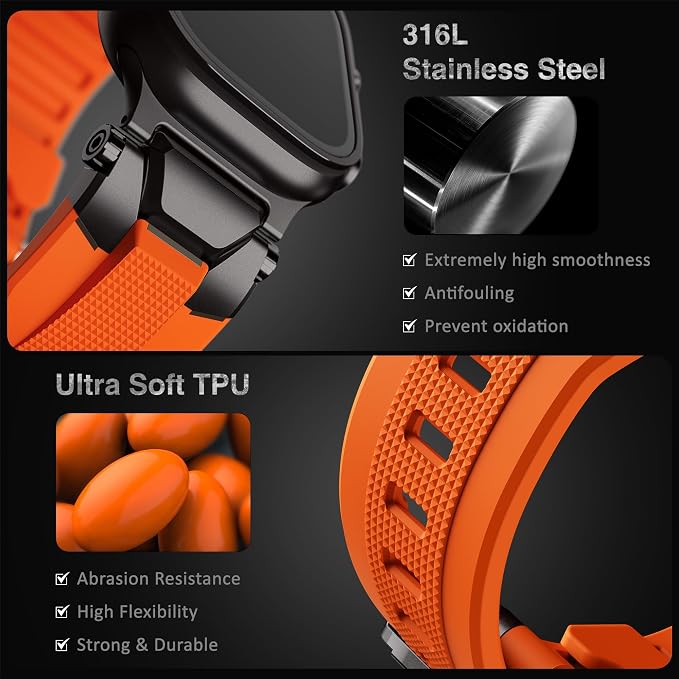 ULTIMAL Rugged Band for Apple Watch Ultra 3/2/1 49mm, Series 11/10/9/8/7/6/5/4 SE 46mm/45mm/44mm, Waterproof, Soft TPU Strap with Stainless Steel Buckle & Connectors, Sweat-Resistant, Easy to Clean, Fits 155-225mm Wrist (Black/Orange)