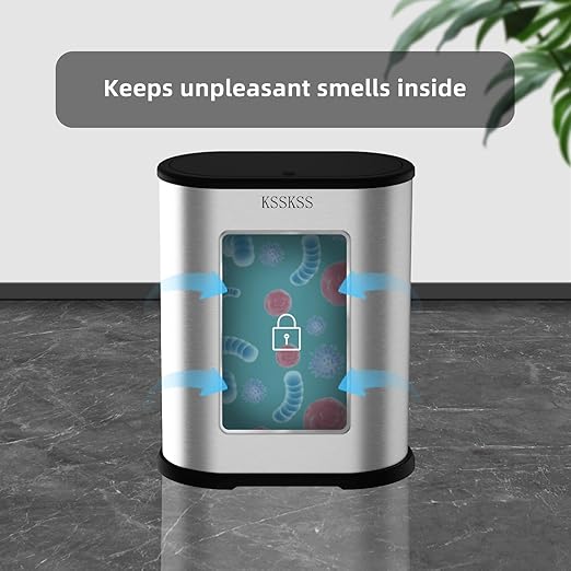 KSSKSS 1.8 Gallons Small Stainless Steel Trash Can with Press Type Lid, Slim Bathroom Garbage Bin, Removable Liner Bucket, Dog Proof Narrow Wastebasket with Pop-Up Lid for Bedroom,Toilet (Silver)